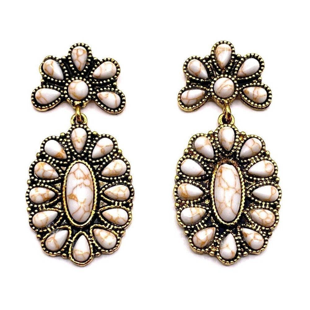 Yellow Gold with White Turquoise Boho Squash Blossom Post Back Earrings